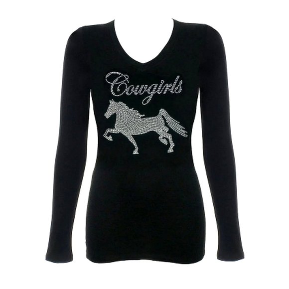 Beauty for Ashes Tops - Womens Long Sleeve Black Clear Rhinestone Arabian Horse Cowgirls Bling T-Shirt